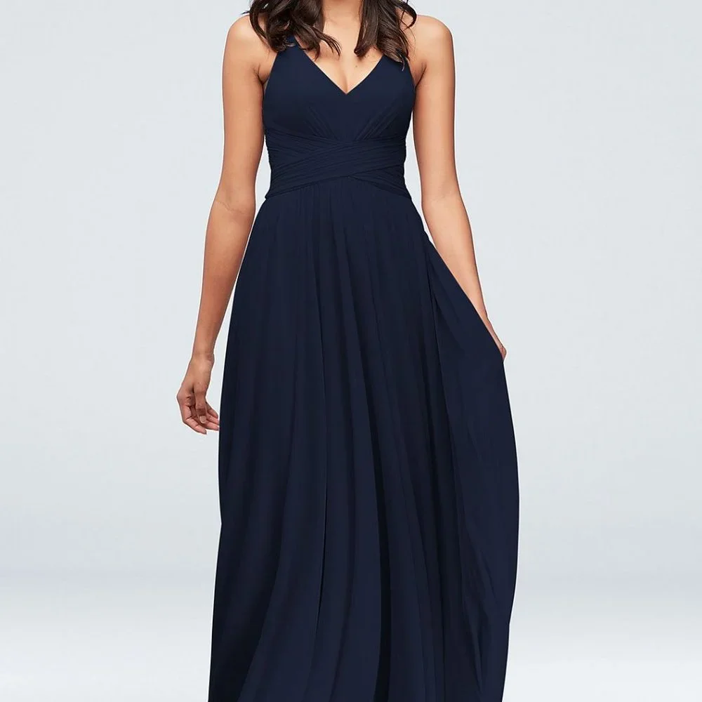David's Bridal Bridesmaid Dress Marine Navy Blue Ruched Prom Wedding Size 0 Zero - Picture 1 of 16